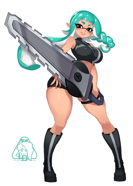 1girl, aqua_hair, black_boots, black_shirt, black_shorts, blush, boots, braid