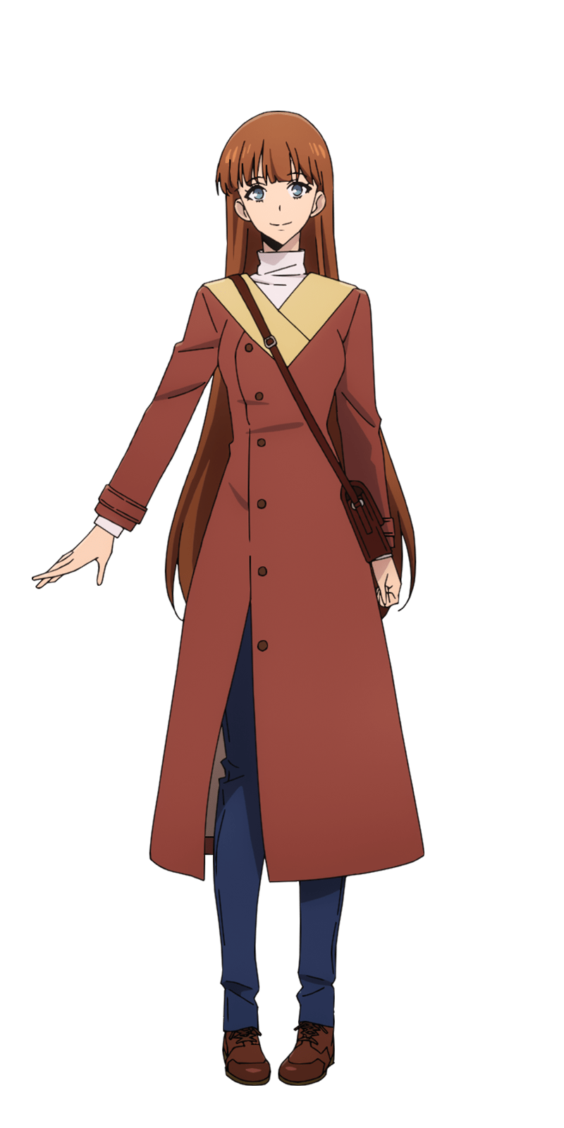 1girl, bag, blue_eyes, brown_coat, brown_hair, brown_shoes, coat, full_body