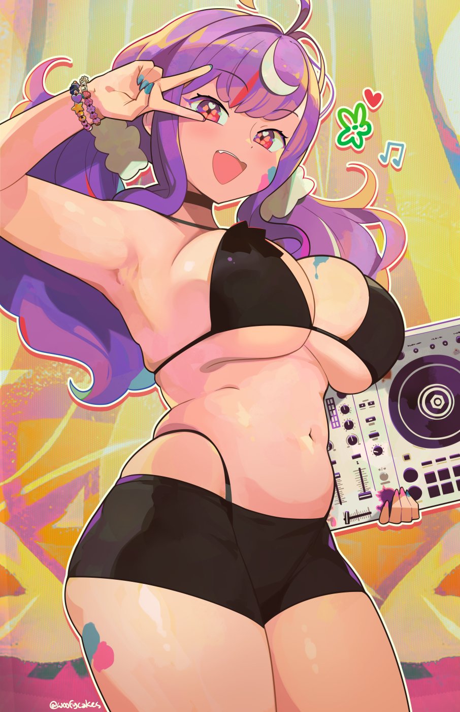 1girl, ahoge, bikini, bikini_top_only, black_bikini, black_shorts, blue_nails, bracelet, breasts, fingernails, flower_symbol, hairband, heart, highres, jewelry, large_breasts, long_hair, looking_at_viewer, mono_monet, musical_note, nail_polish, navel, open_mouth, panty_straps, pink_nails, purple_hair, red_eyes, shorts, sidelocks, skindentation, solo, stomach, swimsuit, teeth, twintails, upper_teeth_only, v, v4mirai, virtual_youtuber, white_hairband, woofycakes