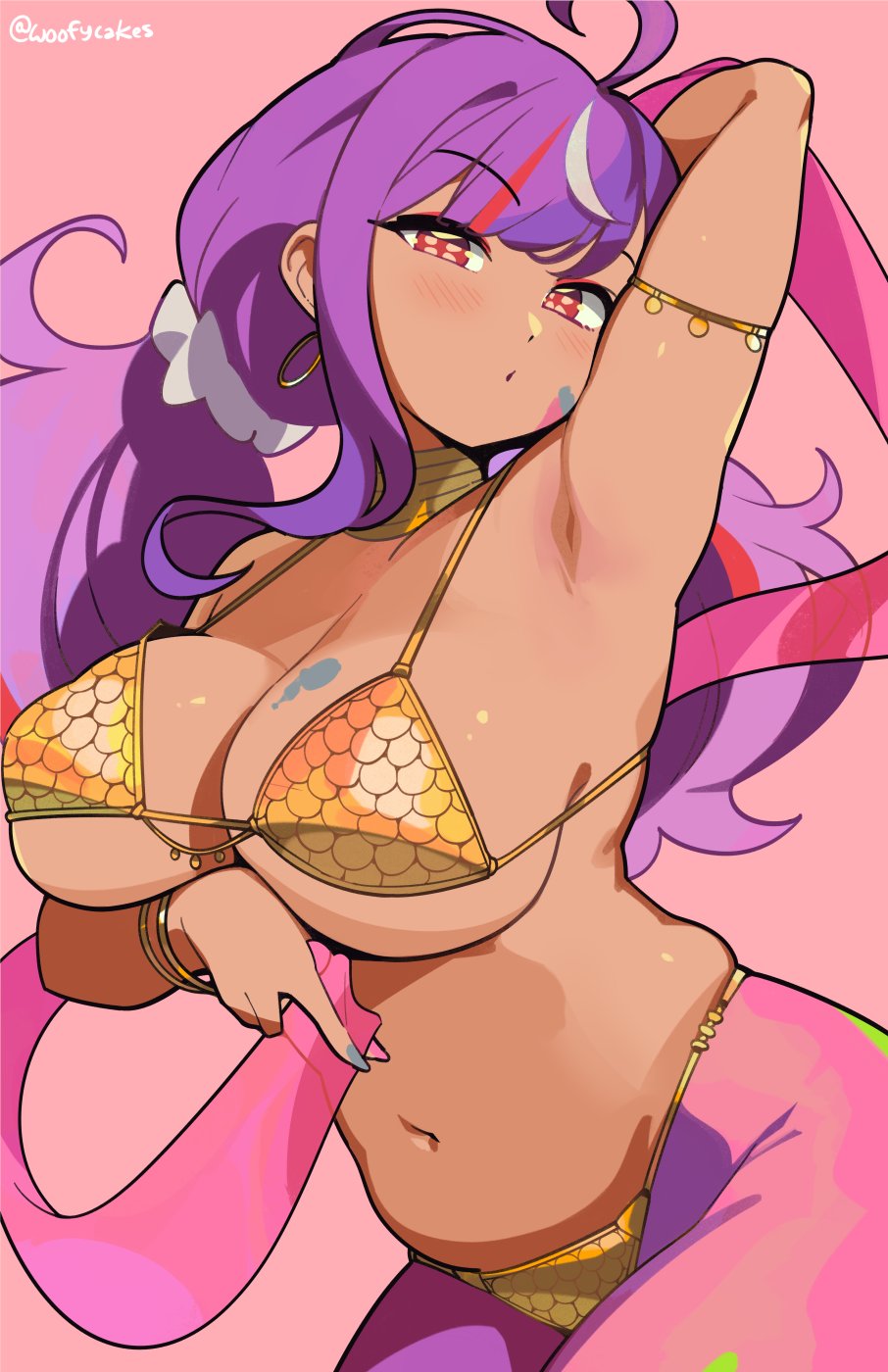 1girl, ahoge, arabian_clothes, arm_behind_head, arm_under_breasts, armlet, armpit_crease, artist_name, bikini, blue_nails, bracelet, choker, dancer, earrings, fingernails, gold_armlet, gold_bikini, gold_bracelet, gold_choker, hairband, harem_outfit, head_tilt, highres, hoop_earrings, jewelry, long_hair, looking_at_viewer, mono_monet, nail_polish, navel, pantyhose, parted_lips, pink_background, pink_ribbon, purple_hair, purple_pantyhose, red_eyes, ribbon, simple_background, solo, stomach, swimsuit, twintails, v4mirai, virtual_youtuber, white_hairband, woofycakes