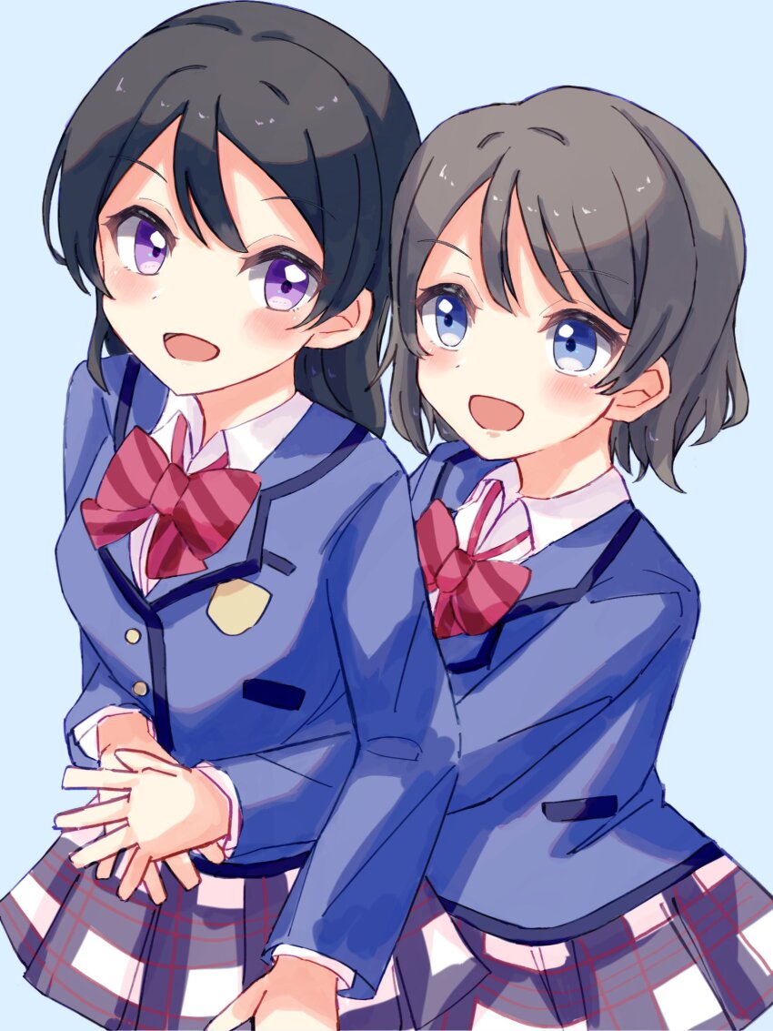 absurdres, black_hair, blue_eyes, blush, bow, bowtie, brown_hair, highres