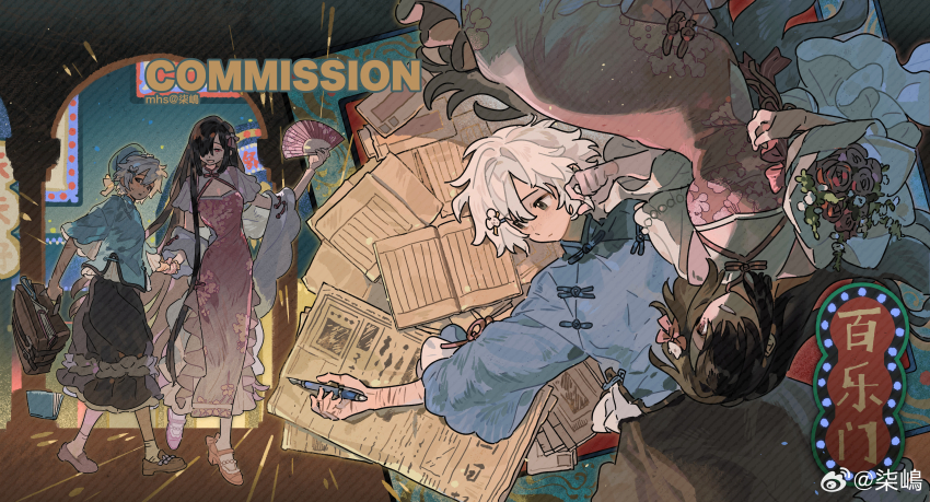 2girls, absurdres, age_difference, beret, black_hair, black_skirt, blush, bouquet, breasts, brown_footwear, china_dress, chinese_clothes, chinese_text, cleavage_cutout, clothing_cutout, commission, copyright_request, dress, flower, freckles, frilled_dress, frills, from_above, grey_eyes, hat, height_difference, highres, holding, holding_bouquet, holding_hands, loafers, long_dress, long_hair, long_skirt, looking_at_another, lying, lying_on_person, mandarin_collar, mary_janes, medium_breasts, multiple_girls, multiple_views, on_back, pankou, pink_shoes, playing_with_another's_hair, qi_shima, red_flower, red_rose, republic_of_china_school_uniform, rose, scar, scar_on_arm, school_uniform, self-harm_scar, shoes, short_hair, side_slit, skirt, smile, suitcase, translation_request, walking, white_hair, wooden_floor, yuri