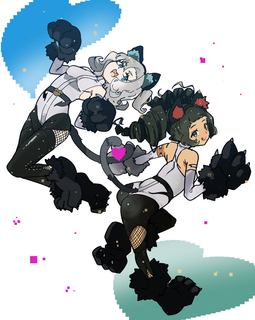 2girls, :d, :q, absurdres, animal_ear_fluff, animal_ears, animal_hands, bare_shoulders