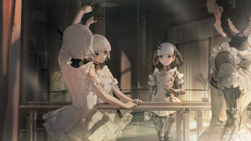 2girls, absurdres, arm_up, backless_dress, backless_outfit, bambinata_(pgr), bare_shoulders, black_gloves