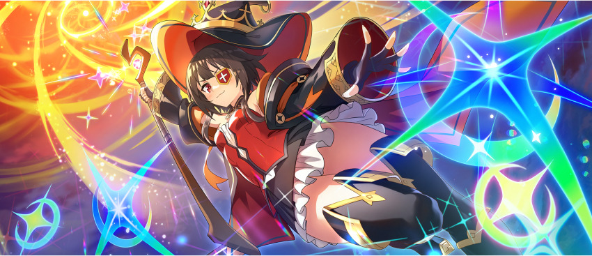 >:), 1girl, arm_up, black_boots, black_collar, black_gloves, black_hat, black_robe