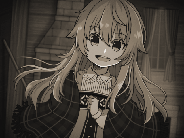 1girl, amarant_(claroscuro), claroscuro, dress, game_cg, hair_flaps, indoors, long_hair, official_art, plaid_clothes, plaid_shawl, sarafan, sepia, shawl, smile, ximsol182
