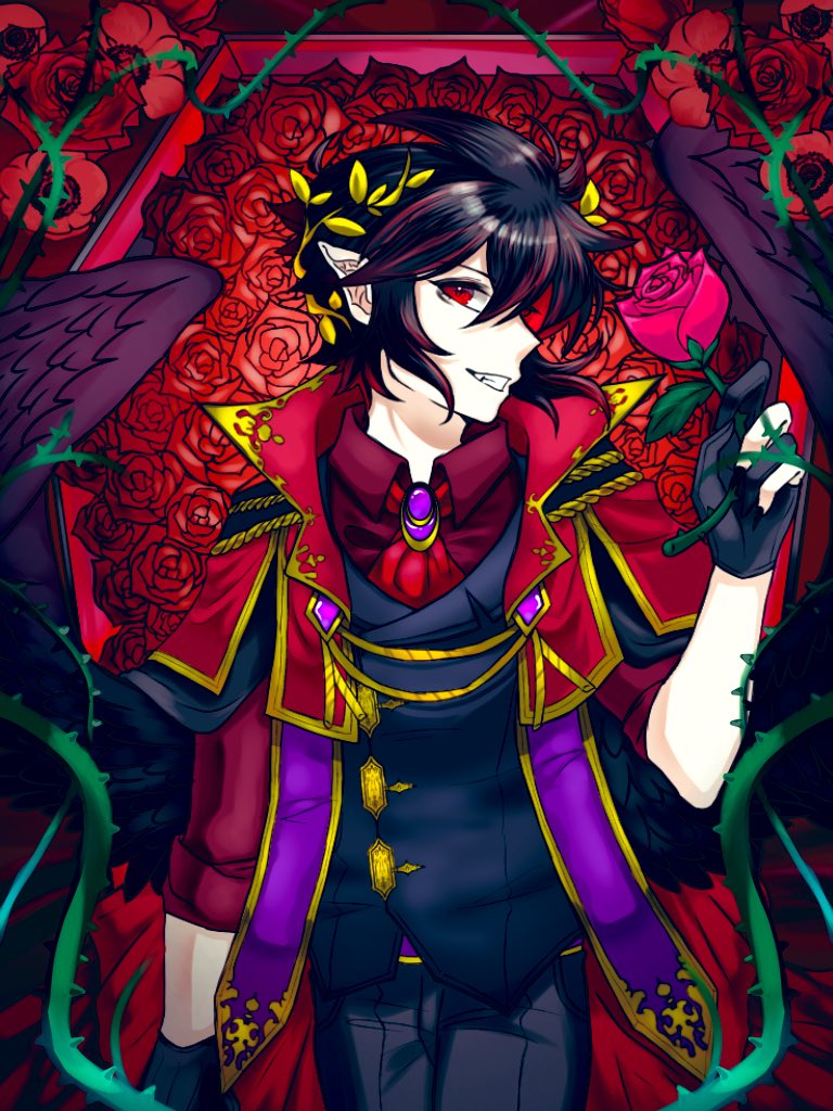 1boy, alternate_costume, black_hair, cowboy_shot, dark_pit, fangs, feathered_wings, floral_background