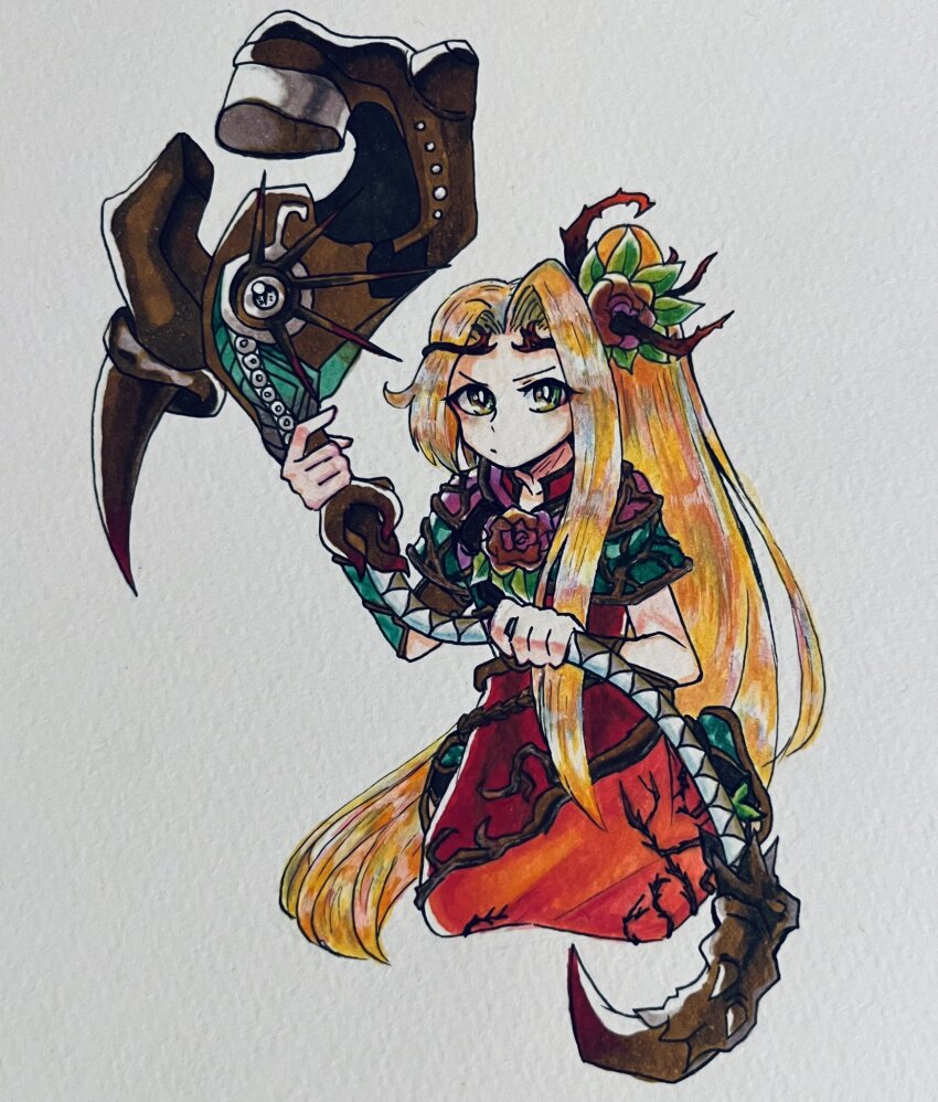 1girl, blonde_hair, child, closed_mouth, curtained_hair, flower, green_eyes, hair_flower, hair_ornament, hair_vines, headwear_request, high_side_ponytail, highres, holding, holding_staff, kid_icarus, kid_icarus_uprising, leaf, long_hair, nintendo, pale_skin, paper_texture, photo_(medium), plant_clothing, purple_flower, purple_rose, rose, side_ponytail, solo, staff, traditional_media, v-shaped_eyebrows, viridi, white_background, yabumamemame