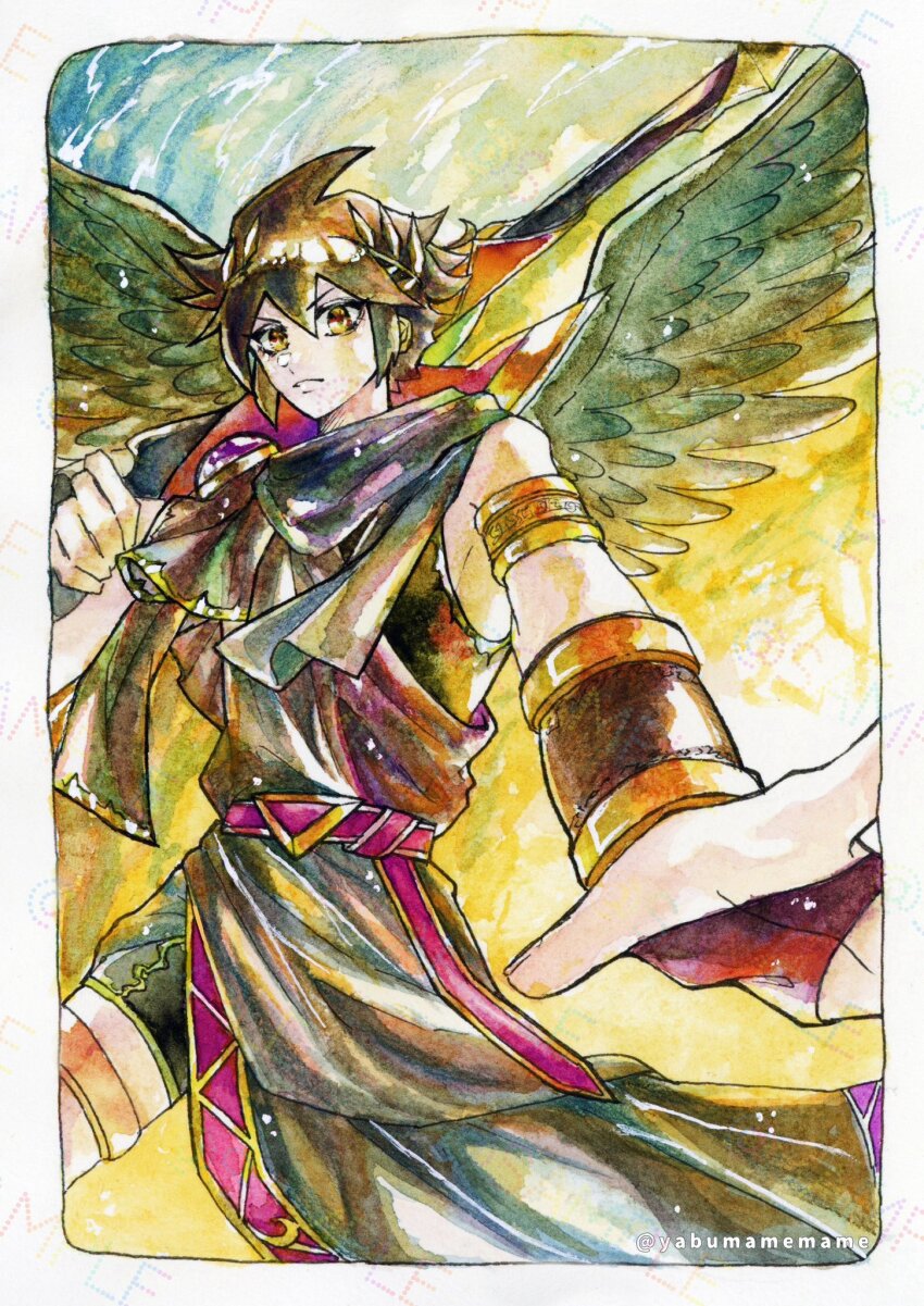 1boy, alternate_color, alternate_eye_color, armlet, artist_name, belt, border, bracer