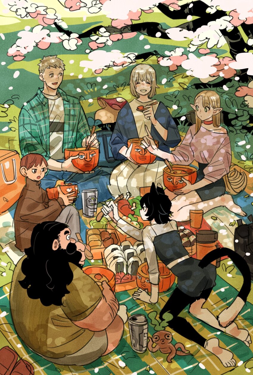 3boys, 3girls, beard, beer_can, bento, black_hair, blonde_hair, bowl