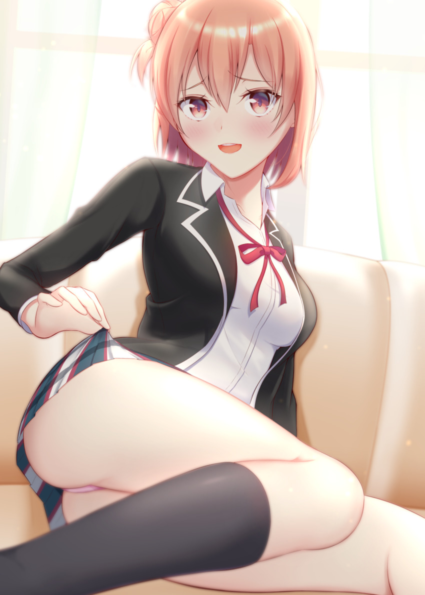 1girl, ass, black_jacket, black_socks, blazer, blush, clothes_lift, couch, feet_out_of_frame, flashing, hair_bun, highres, indoors, jacket, kneehighs, lifting_own_clothes, looking_at_viewer, miniskirt, neck_ribbon, obustat, on_couch, open_mouth, orange_eyes, orange_hair, panties, pantyshot, pink_panties, plaid_clothes, plaid_skirt, pleated_skirt, red_ribbon, ribbon, school_uniform, shirt, short_hair, single_hair_bun, single_side_bun, skirt, skirt_lift, sobu_high_school_uniform, socks, solo, thighs, thong, underwear, white_shirt, window, yahari_ore_no_seishun_lovecome_wa_machigatteiru., yuigahama_yui
