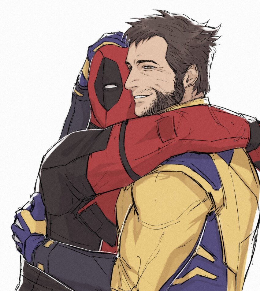 2boys, arm_around_neck, beard, black_gloves, blue_gloves, bodysuit, brown_hair, commentary_request