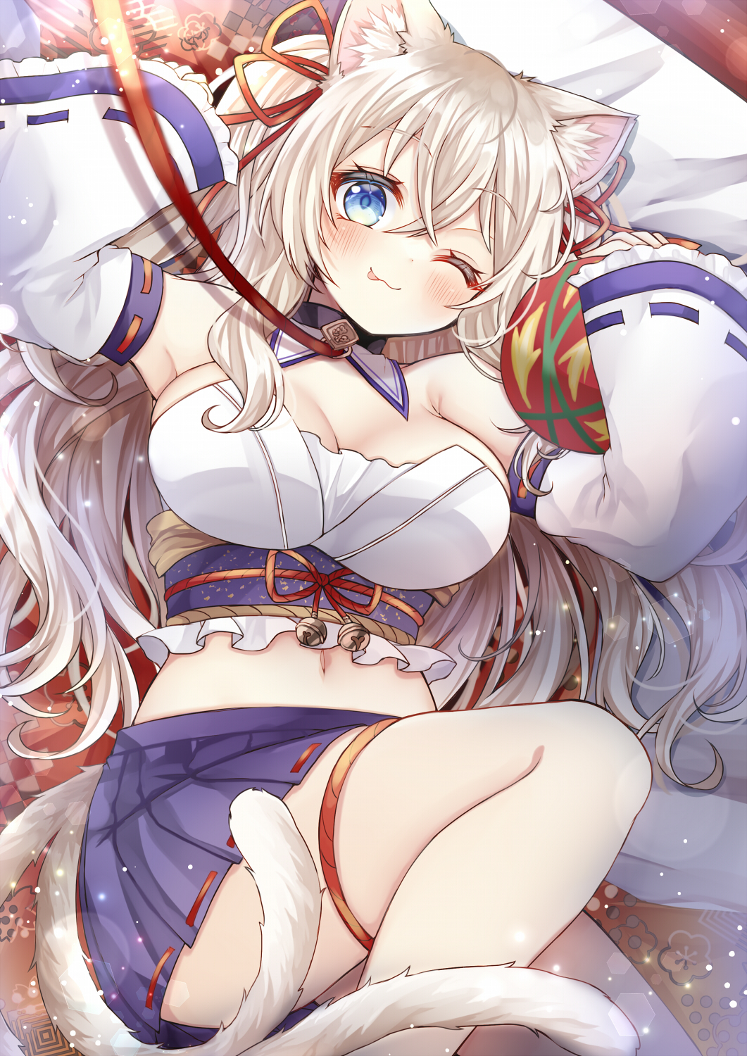 1girl, :3, :p, animal_collar, animal_ear_fluff, animal_ears, armpit_crease, bare_shoulders