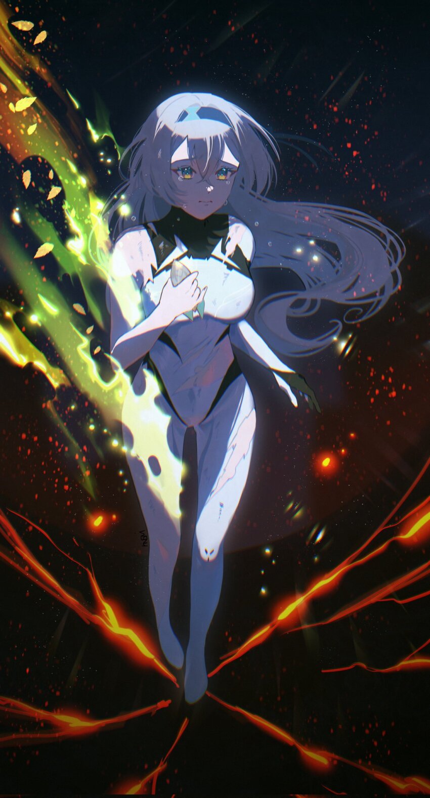 1girl, black_hairband, bodysuit, breasts, crying, crying_with_eyes_open, fire, firefly_(ar-26710)_(honkai:_star_rail)