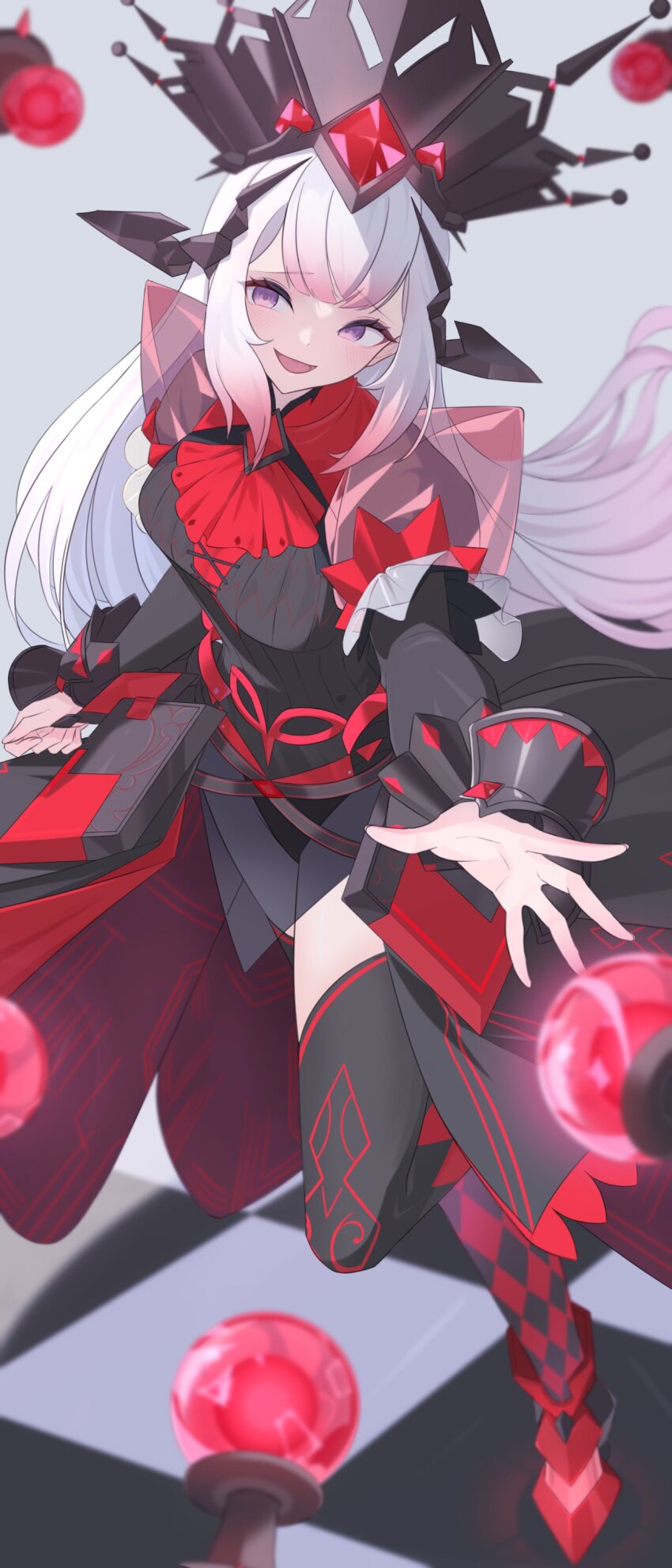 1girl, absurdres, black_dress, checkered_floor, dress, duel_monster, gradient_hair, grey_background