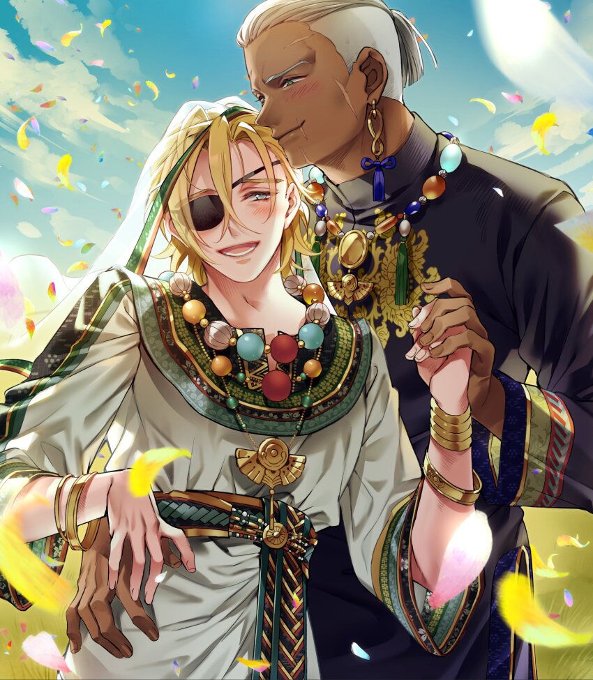 2boys, absurdres, arm_around_another's_waist, bead_necklace, beads, black_robe, blonde_hair, blue_eyes