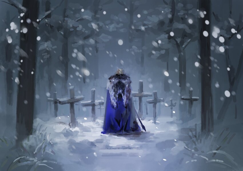 1boy, bare_tree, black_fur, blonde_hair, blue_cape, cape, commentary_request, cross
