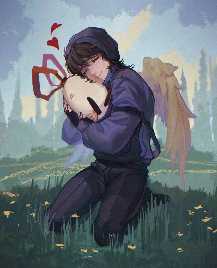 1boy, absurdres, adoptive_parent_and_adoptive_child, animification, beanie, bird_boy, bird_wings, black_hair, black_overalls, blue_hat, blue_sweater, closed_eyes, commentary, creature, duck_boy, egg, english_commentary, father_and_child, grass, hat, heart, highres, holding, holding_creature, hug, long_sleeves, lotus_ml, male_focus, minecraft_youtube, outdoors, overalls, parent_and_child, quackity, quackity_smp, red_ribbon, ribbon, seiza, short_hair, sitting, sky, solo_focus, sweater, tilin, tree, wings