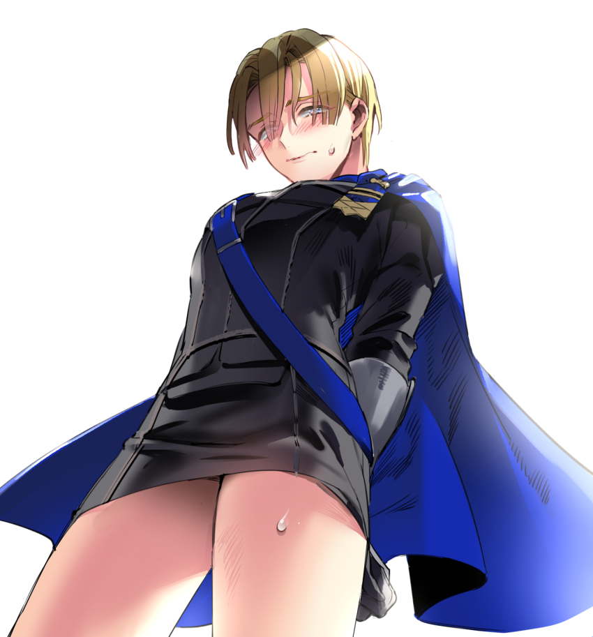 1boy, arms_behind_back, bare_legs, belt, belt_buckle, black_gloves, black_shirt, black_skirt