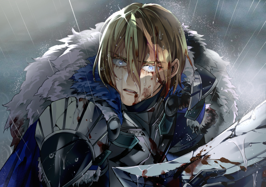 1boy, armor, black_fur, blonde_hair, blood, blood_in_hair, blood_on_face, bloody_weapon