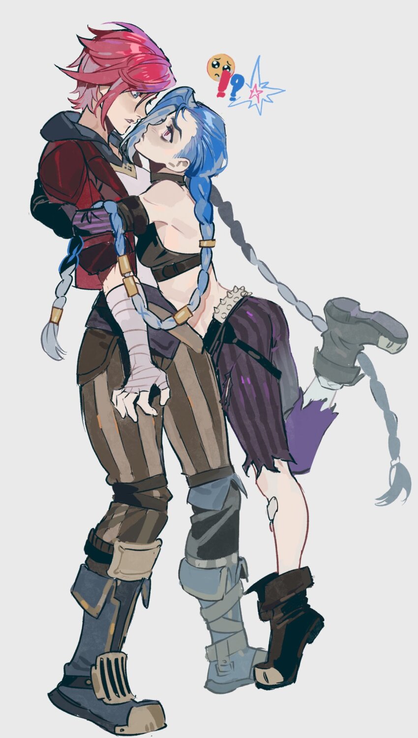 2girls, arcane:_league_of_legends, arcane_jinx, arcane_vi, ass, asymmetrical_bangs, bare_shoulders, blue_hair