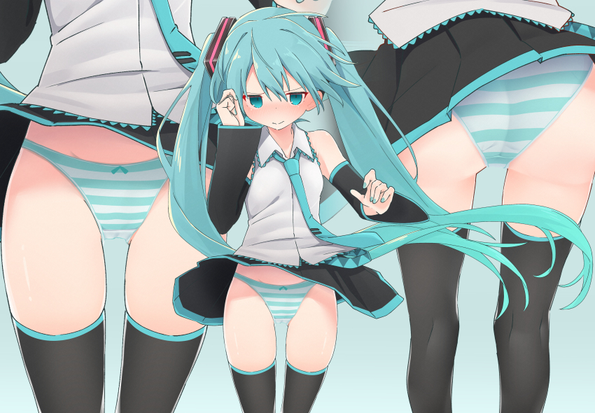 1girl, absurdres, bare_shoulders, black_skirt, black_thighhighs, blue_eyes, blue_hair, blue_necktie