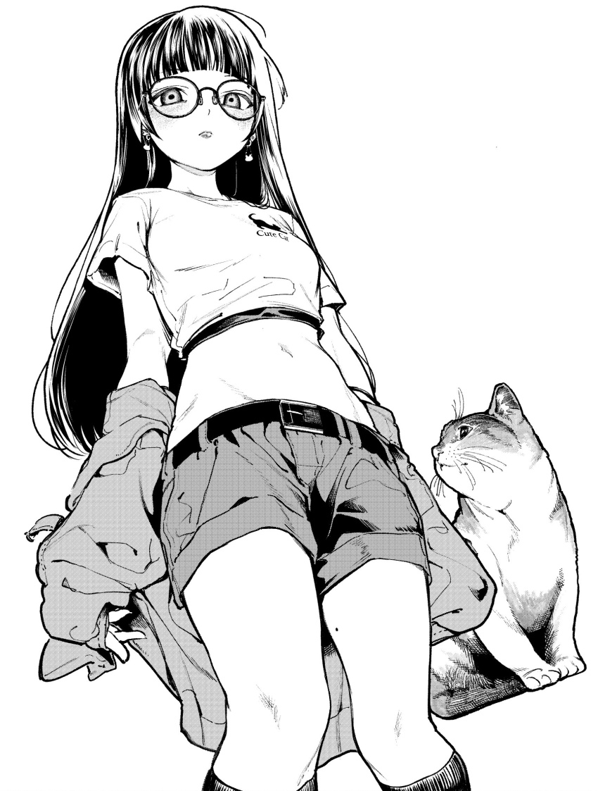 1girl, arched_bangs, belt, belt_buckle, blunt_bangs, blush, buckle, cat