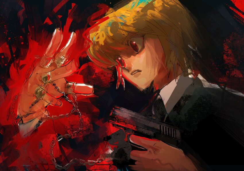 1boy, androgynous, black_background, blonde_hair, chain, formal_clothes, frown, gun