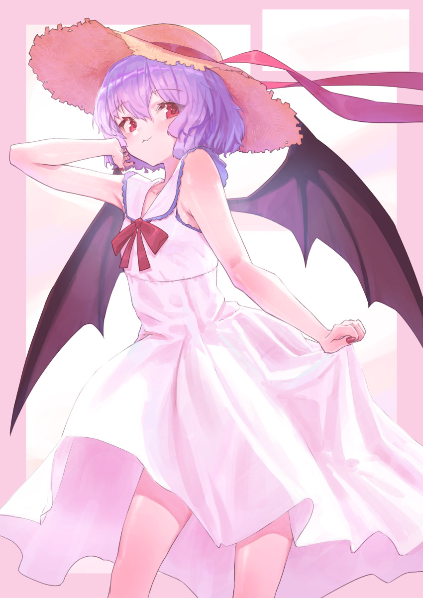 1girl, alternate_costume, arm_up, armpits, bare_arms, bat_wings, black_wings, collared_dress