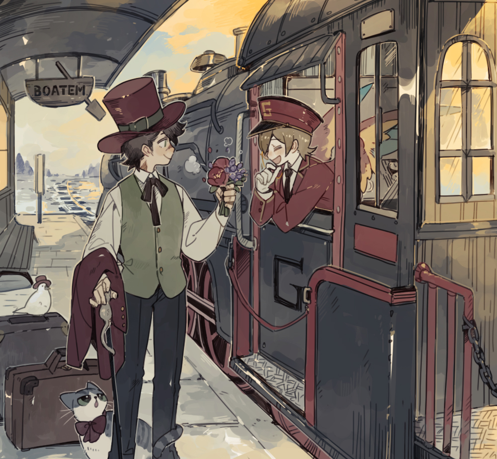 2boys, animal, animification, bird, bird_boy, bird_wings, brown_hair, cat, chicken, closed_eyes, commentary, couple, english_commentary, flower, goodtimeswithscar, goodtimeswithscar_(tycoon), green_vest, grian_(conductor)_(hermitcraft), grian_(youtuber), happy, hat, hermitcraft, holding, holding_flower, interspecies, jellie_(hermitcraft), luminous_slime, male_focus, minecraft_youtube, multiple_boys, official_alternate_costume, parrot_boy, red_hat, scar, short_hair, smile, suitcase, top_hat, train, train_conductor, vest, wings, yaoi