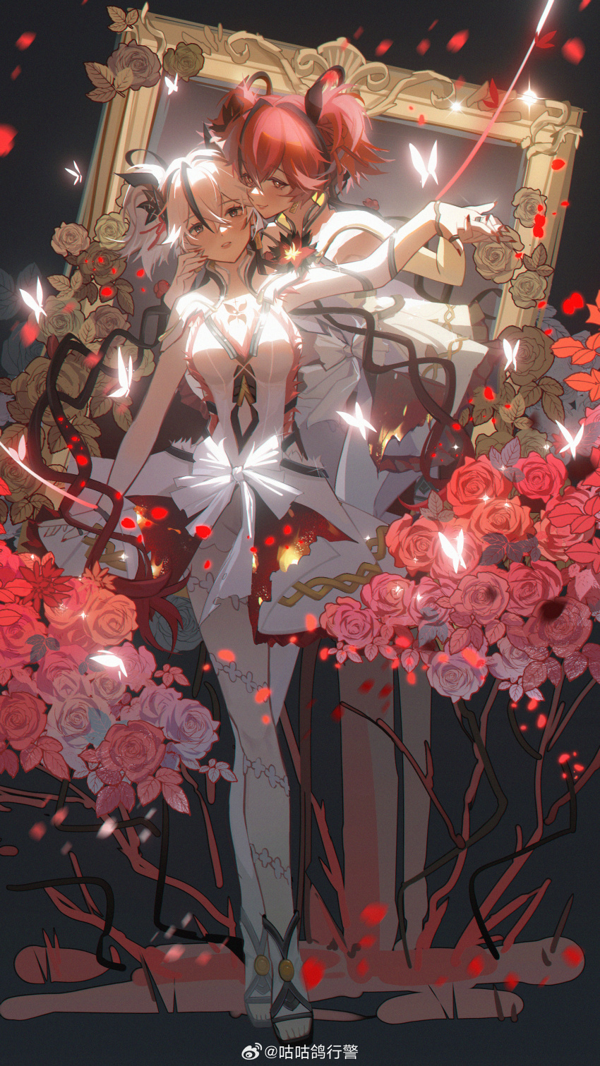 2girls, absurdres, artist_name, black_flower, black_hair, blake_bloom_(wuthering_waves), blush, breasts