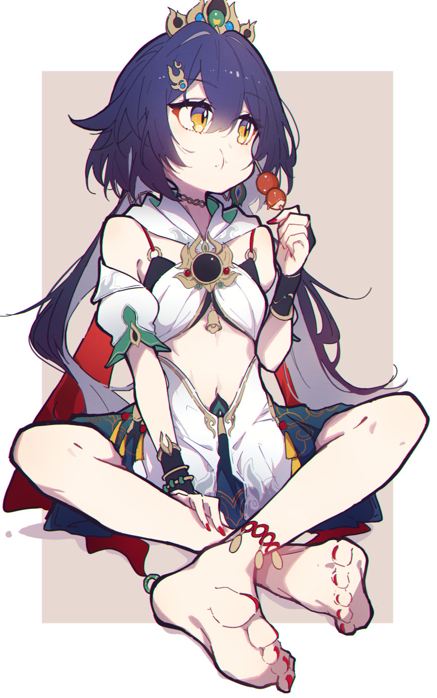 1girl, absurdres, aitekku, anklet, bare_legs, bare_shoulders, barefoot, bra