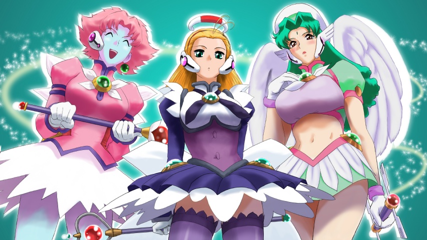 3girls, angel_wings, blonde_hair, breasts, brown_eyes, closed_eyes, corrector_anty, corrector_rescue