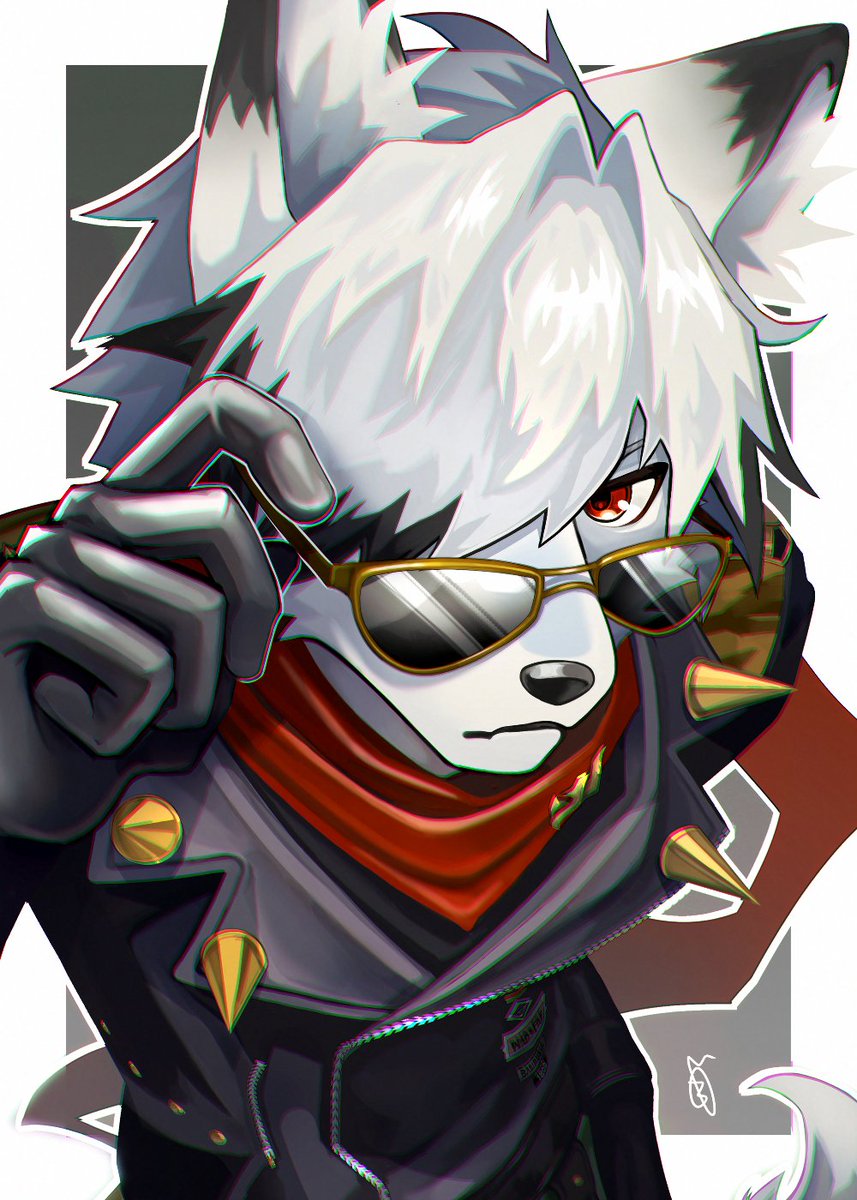 1boy, adjusting_eyewear, animal_ears, black_gloves, black_jacket, bowchanrou_(b0tar0), colored_tips, commentary, cosplay, english_commentary, furry, furry_male, gloves, hair_over_one_eye, highres, jacket, leather, leather_jacket, lighter_(zenless_zone_zero), lighter_(zenless_zone_zero)_(cosplay), looking_at_viewer, male_focus, multicolored_hair, neckerchief, red_eyes, red_scarf, scarf, signature, spiked_jacket, sunglasses, tail, von_lycaon, wolf_boy, wolf_ears, wolf_tail, zenless_zone_zero