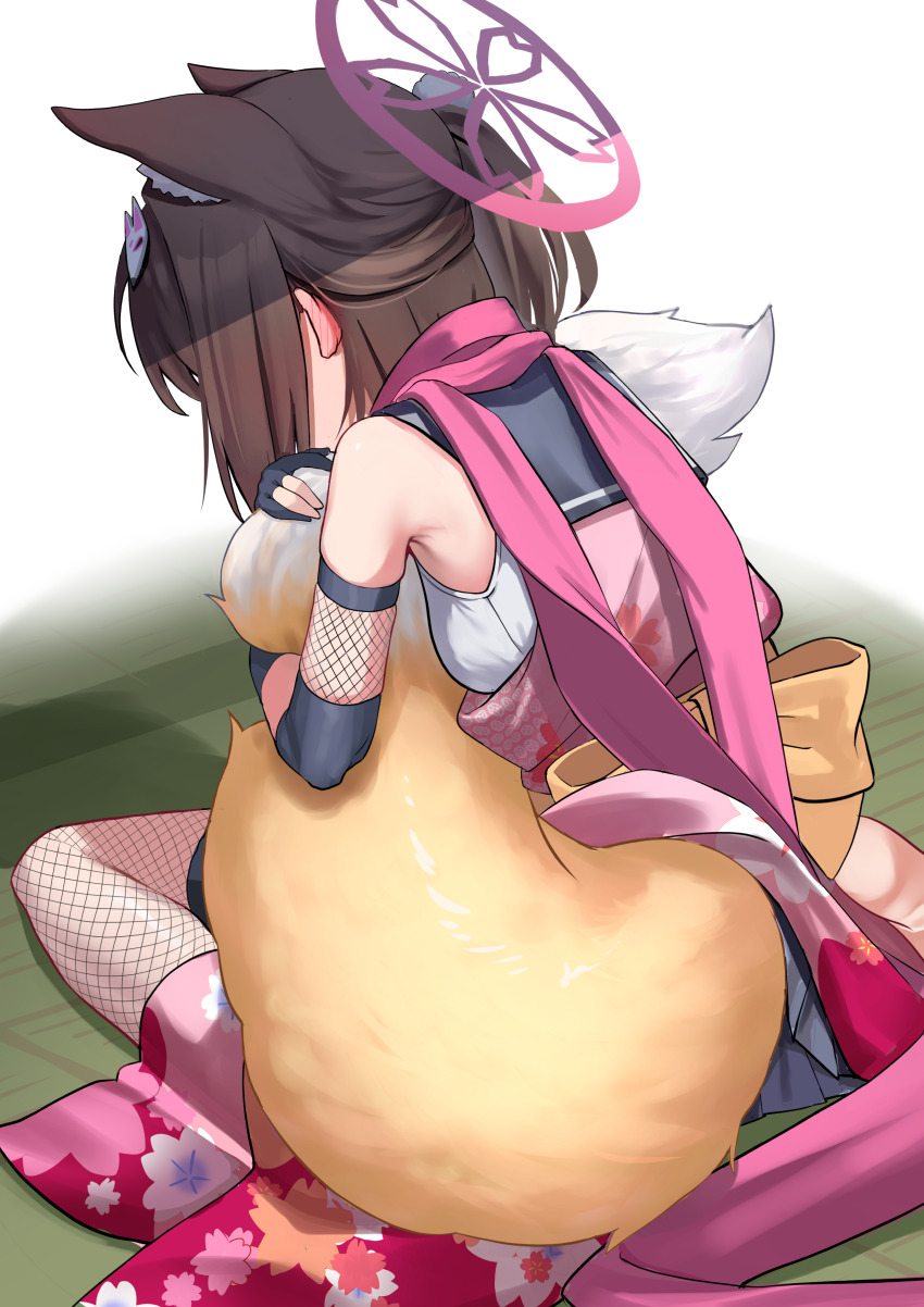 1girl, absurdres, animal_ears, black_gloves, black_sailor_collar, blue_archive, bow, brown_hair, commentary_request, extra_ears, floral_print, floral_print_kimono, fox_ears, fox_girl, fox_tail, from_behind, gloves, hadanugi_dousa, halo, highres, hugging_own_tail, hugging_tail, izuna_(blue_archive), japanese_clothes, kimono, olecafe2, one_side_up, open_clothes, open_kimono, partially_fingerless_gloves, pink_halo, pink_kimono, pink_scarf, print_kimono, sailor_collar, scarf, shirt, short_hair, single_bare_shoulder, single_fishnet_armwear, sitting, solo, tail, two-tone_tail, white_shirt, white_tail, yellow_bow, yellow_tail