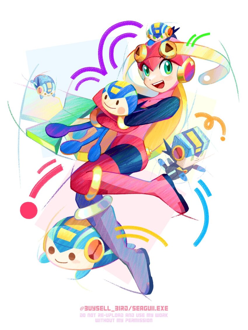 1girl, artist_name, black_bodysuit, blonde_hair, bodysuit, buysell_bird, full_body, green_eyes