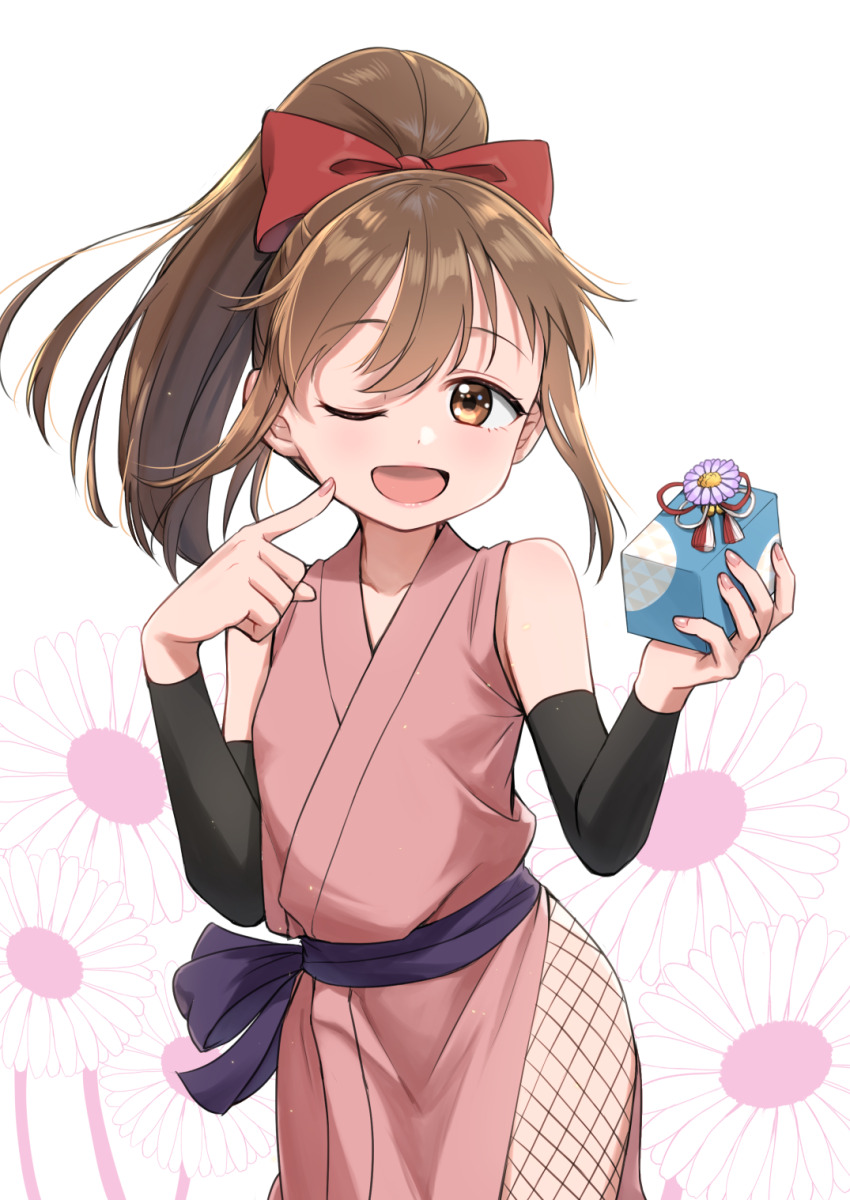 1girl, bow, box, brown_eyes, brown_hair, daisy_(flower), detached_sleeves, finger_to_cheek, fishnets, flower, gift, gift_box, hair_bow, high_ponytail, highres, hinagiku_(kunoichi_tsubaki_no_mune_no_uchi), holding, holding_gift, japanese_clothes, kimono, kunoichi_tsubaki_no_mune_no_uchi, nanbu_shu_zhi_zhu, one_eye_closed, open_mouth, pink_kimono, ponytail, red_bow, sash, sleeveless, sleeveless_kimono, solo