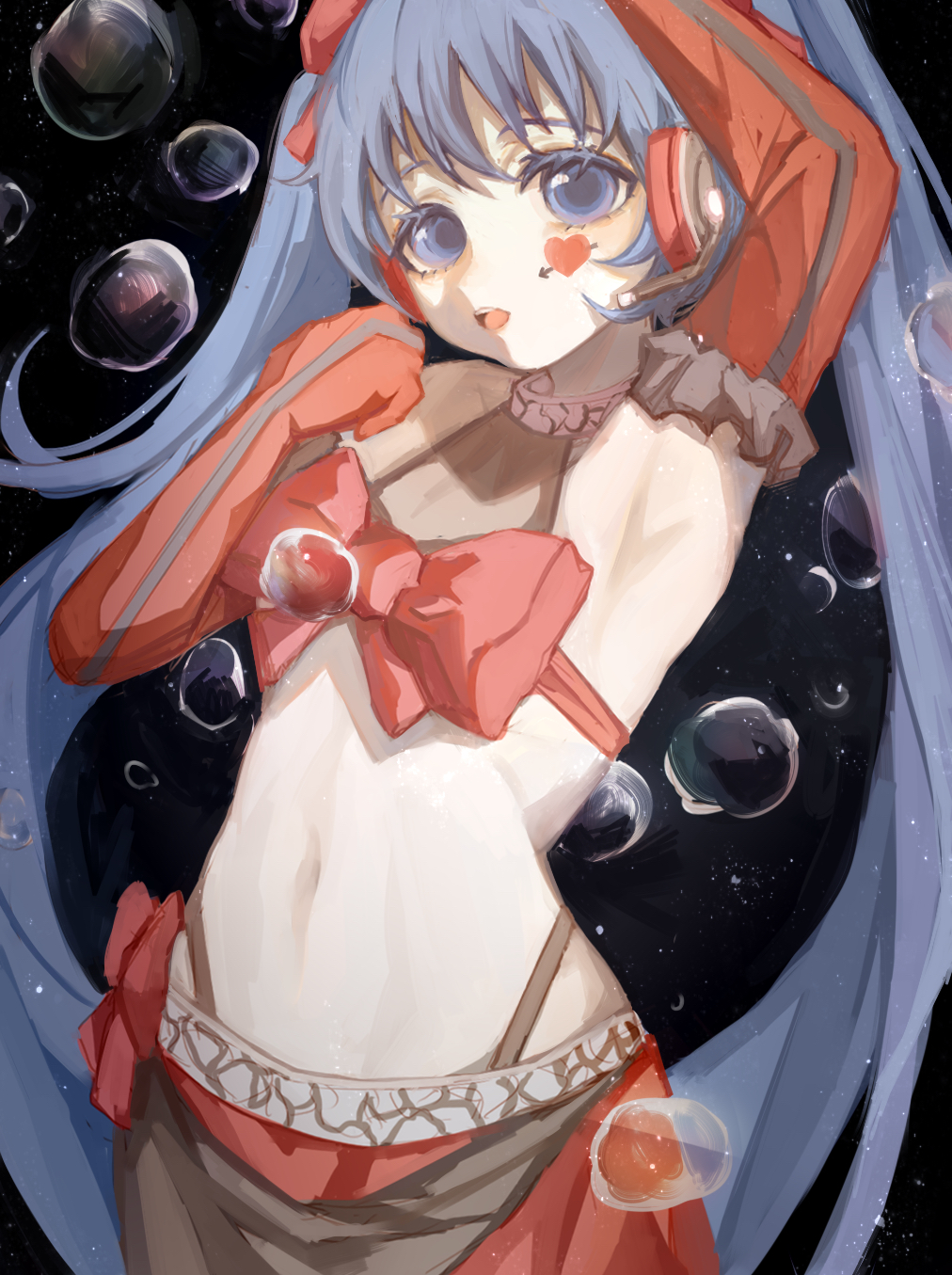 1girl, ambivalence_(module), armpits, black_background, black_panties, blue_eyes, blue_hair, bow