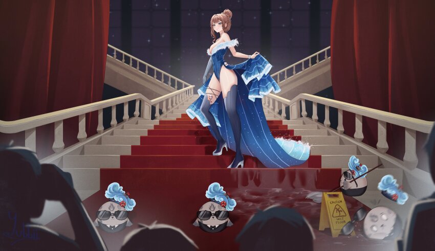 absurdres, blue_dress, blue_eyes, blue_stockings, bracelet, breasts, brown_hair, captain, dress, female_focus, fishing_bobber, hair_bun, high_heels, highres, indie_virtual_youtuber, jewelry, large_breasts, lost_sailor_at_sea_(vtuber), red_carpet, sailor, seal, stairs, virtual_youtuber, wet_floor, wet_floor_sign, yubbiidraw