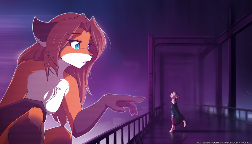 1boy, 1girl, animal_ears, blade_runner_(series), blade_runner_2049, blue_eyes, breasts, brown_hair, cape, claws, commentary, english_commentary, english_text, fox_ears, fox_girl, furry, furry_female, furry_male, giant, giantess, green_cape, highres, hologram, keith_keiser, laura_(twokinds), long_hair, meme, nude, official_art, orange_fur, parody, small_breasts, standing, tail, tom_fischbach, twokinds, you_look_lonely_(meme)