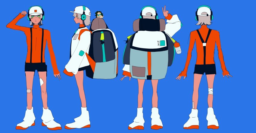 1boy, 4girls, ankle_boots, arm_at_side, arms_at_sides, backpack, bag, bandaged_knees