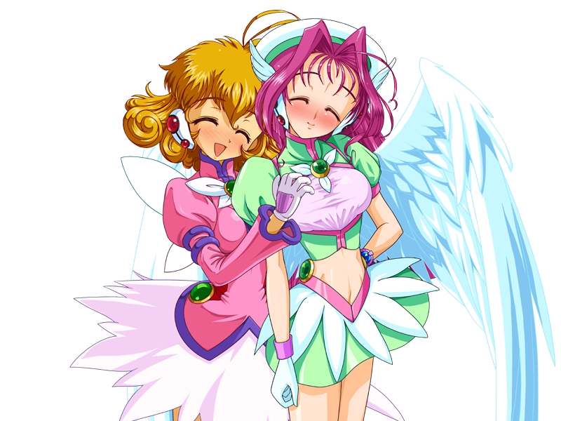 2girls, angel_wings, breasts, brown_hair, closed_eyes, corrector_yui, gloves, hat