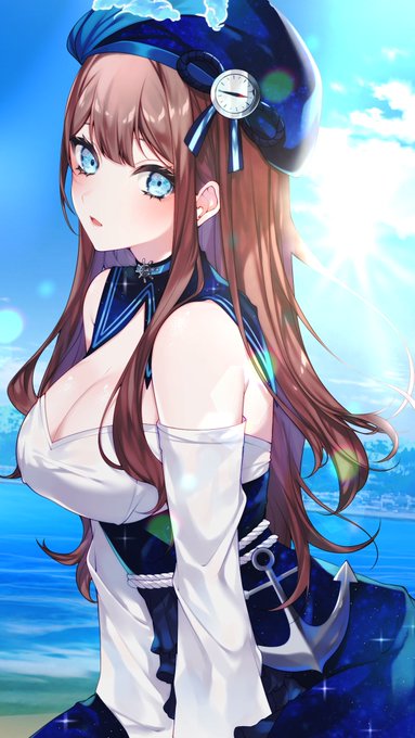 1girl, artist_name, blue_eyes, brown_hair, captain, choker, dress, hair_ornament
