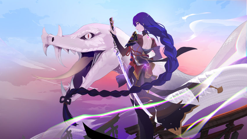 1girl, absurdres, asymmetrical_sleeves, back, back_tattoo, black_thighhighs, blunt_bangs, braid