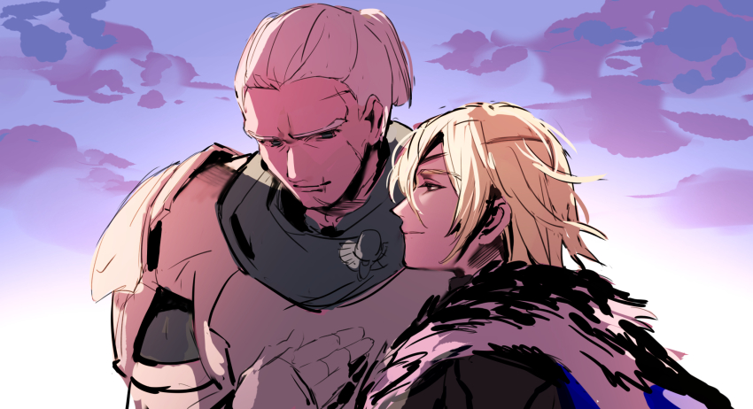 2boys, arm_up, armor, black_armor, black_fur, blonde_hair, blue_cape, blue_eyes