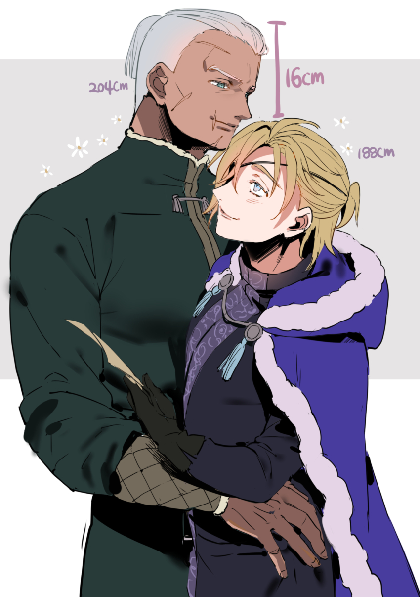 2boys, black_gloves, black_shirt, blonde_hair, blue_cape, blue_eyes, bracer, cape