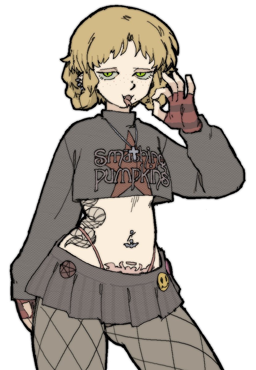 1girl, black_footwear, black_pantyhose, blonde_hair, braid, braided_hair_rings, contemporary, contrapposto, cowboy_shot, crop_top, cropped_shirt, cross, cross_necklace, ear_piercing, elden_ring, fangs, fellatio_gesture, fingerless_gloves, fishnet_pantyhose, fishnets, forked_tongue, freckles, gloves, hair_rings, highleg, highleg_panties, jewelry, microskirt, midriff, navel, navel_piercing, necklace, open_mouth, panties, pantsu-ripper, pantyhose, piercing, pin, pleated_skirt, pubic_tattoo, rya_(elden_ring), skirt, smashing_pumpkins, smile, solo, stomach_tattoo, striped_clothes, striped_gloves, tattoo, tongue, underwear