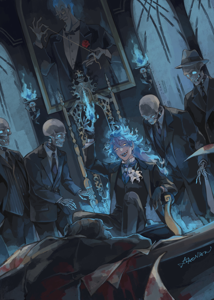 6+boys, armor, black_suit, blood, blue_fire, blue_hair, blue_theme, chair