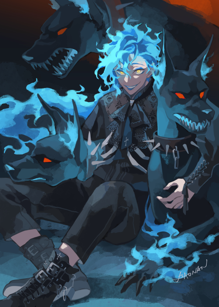 1boy, ascot, black_ascot, black_shirt, blue_fire, blue_hair, boots, commentary_request