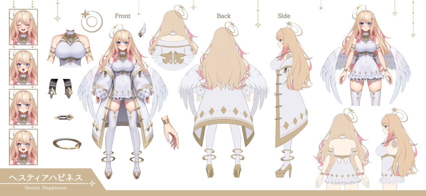 1girl, angel, angel_wings, artist_request, blonde_hair, blue_eyes, breasts, dress